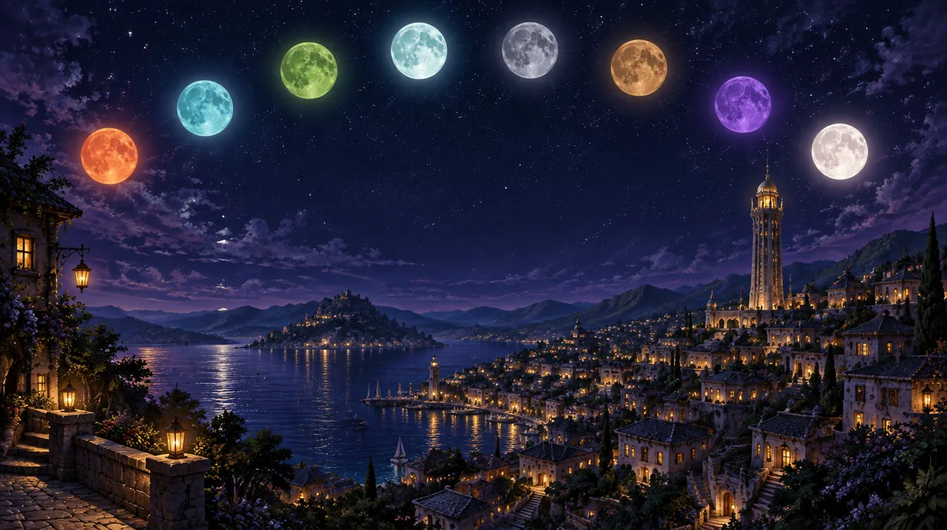Lunholm di malam Alignment: kota di lereng bukit dengan menara arsip emas, delapan bulan berwarna berbaris di langit.