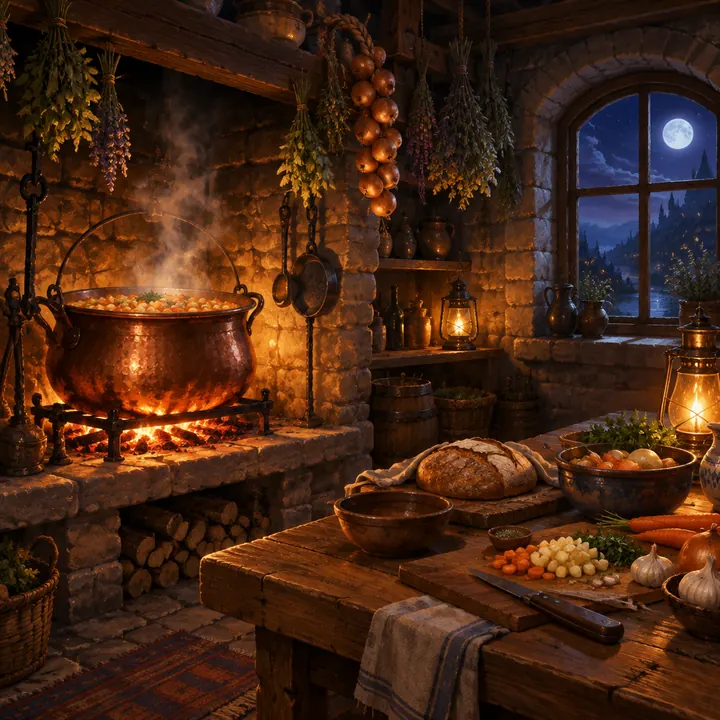 Dapur batu dengan kuali tembaga berisi sup di atas perapian.