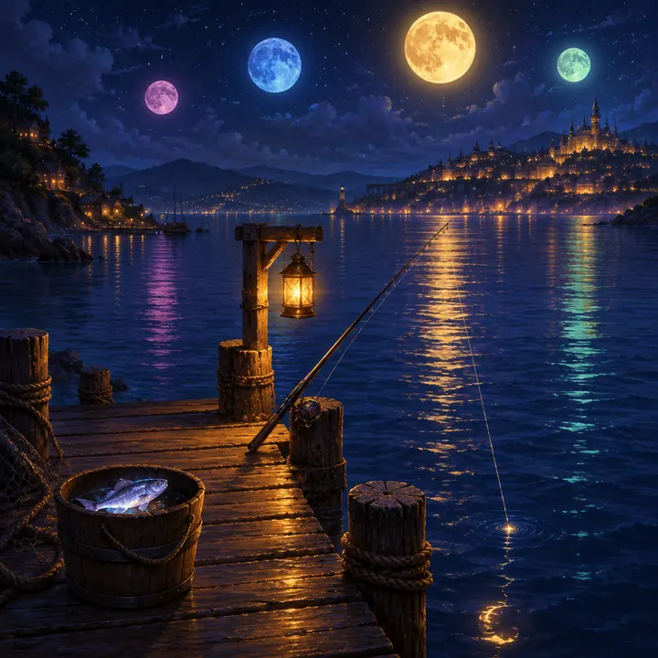 Dermaga kayu di teluk malam dengan lentera dan pancing, bulan-bulan berwarna terpantul di air.