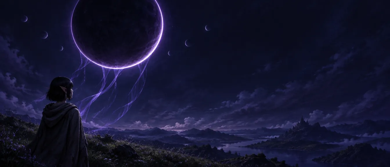 Shade Moon, bulan ungu hampir hitam dengan tepi terang, menurunkan pita cahaya ke arah Ise Thornaby yang berdiri di bukit.